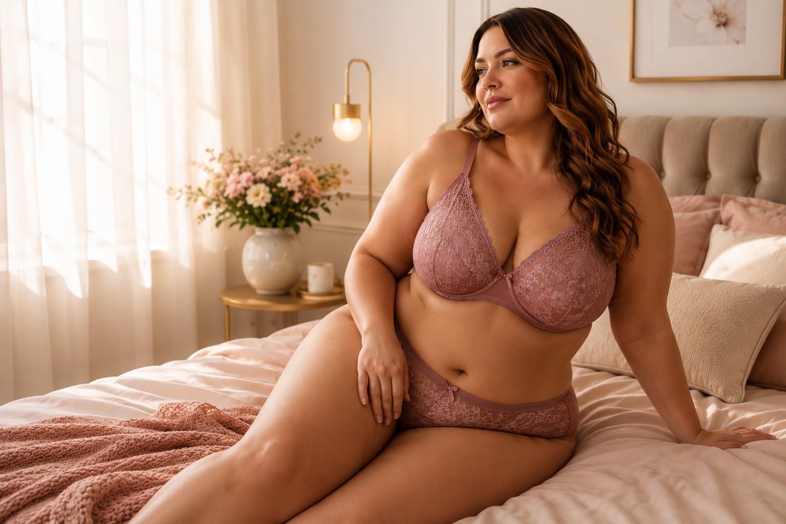 Confident plus size woman wearing dusty rose lace lingerie, sitting on a bed in soft natural light