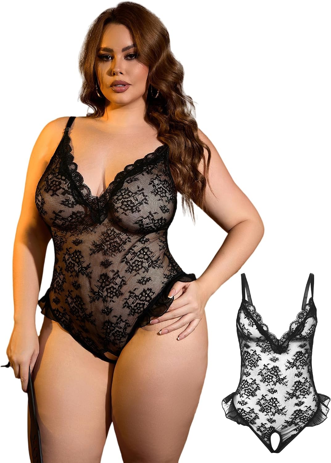 Close-up of the Big Lady Lingerie Blossom lace bodysuit showing V-neck and lace mesh detail