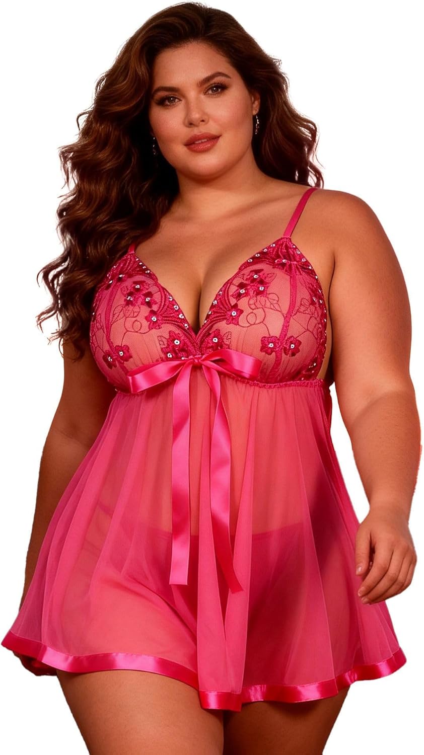 Big Lady Lingerie Glimmer babydoll with sequin embroidery, sheer mesh, and matching G-string