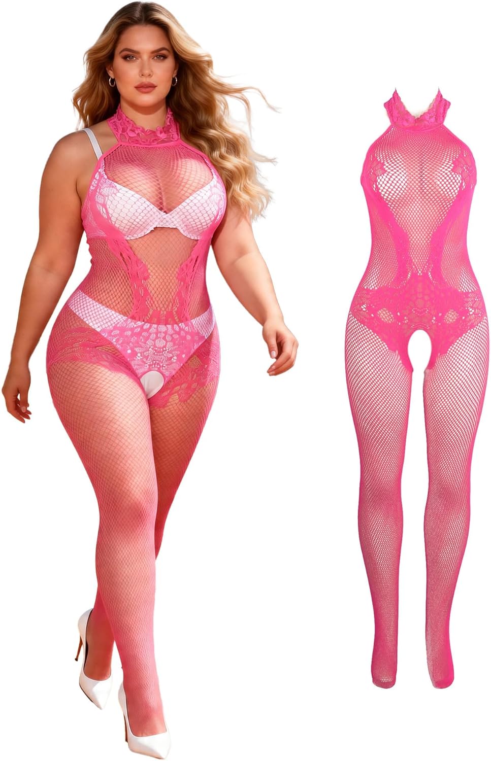 Big Lady Lingerie Vixen fishnet bodystocking with halter neckline and lace panels