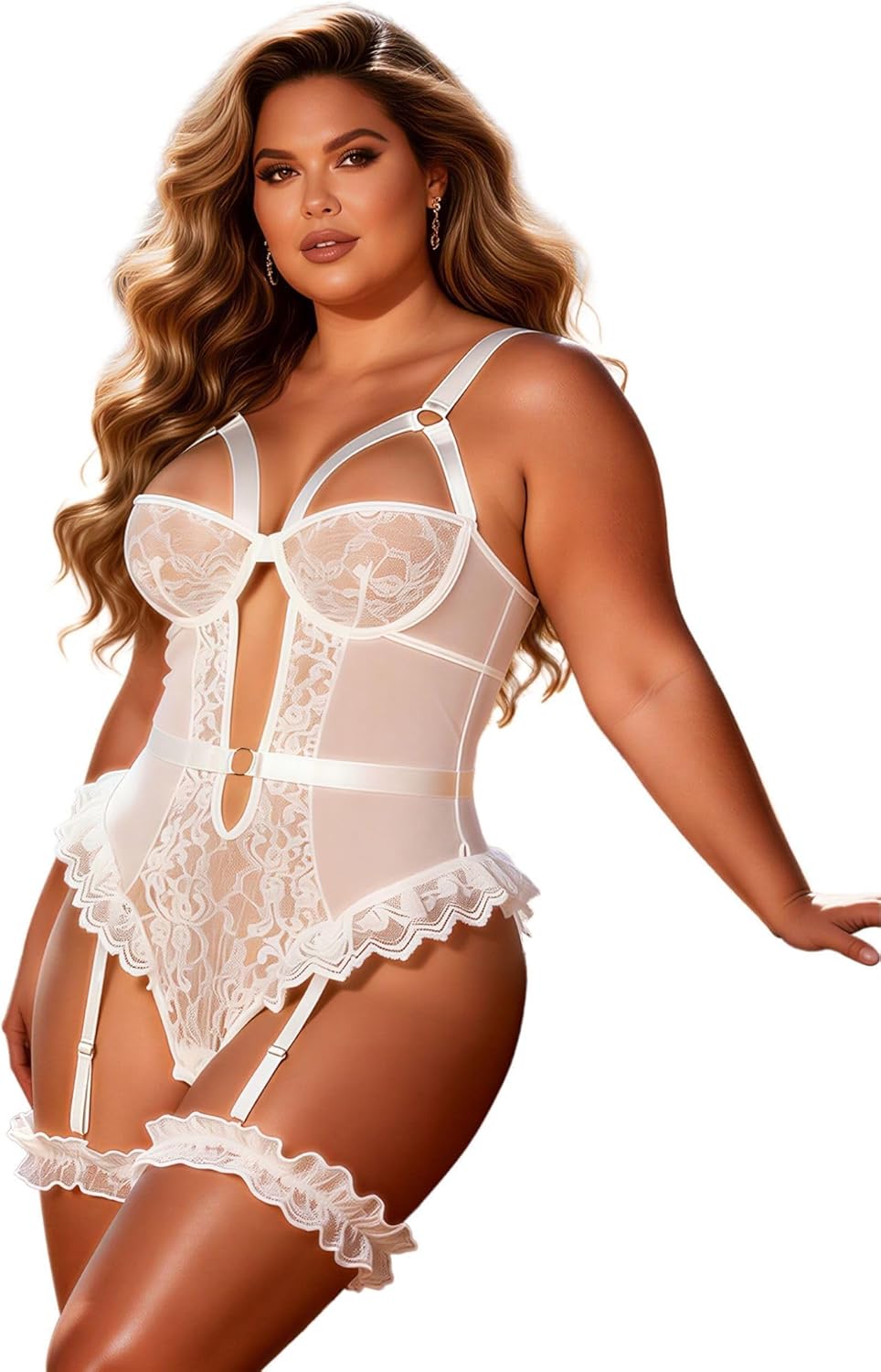 Big Lady Lingerie Garter Lace Bodysuit with underwire, attached garter straps, and thigh cuffs